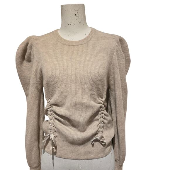 Autumn Cashmere 100% Cashmere Pleated Puff Sleeve Ribbon Laced Ruched Sweater-S - Picture 1 of 6